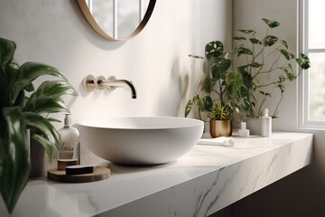 Naklejka na ściany i meble Minimal white marble bathroom with modern faucet and plant shadow. 3D product render. Generative AI