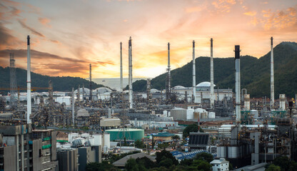 Aerial view of oil and gas industry - oil refinery, drone shot, oil refinery and petrochemical...