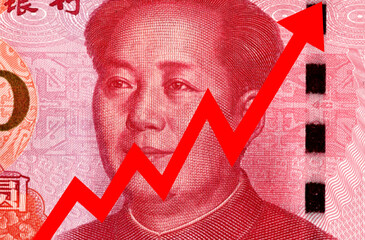 Big red arrow pointing up on a 100 yuan (RMB, CNY) banknote. Currency competition conceptual image. inflation. 