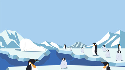シロクマと多くのペンギンで飾られた北極の背景テンプレート　Arctic background template decorated with polar bear and many penguins © arucom_