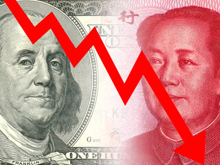 Large red arrow pointing down on 100 U.S. dollar (USD) and 100 Chinese yuan (RMB, CNY) bills. Currency competition conceptual image. Currency devaluation. 