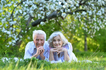 elderly couple lies on the grass in summer