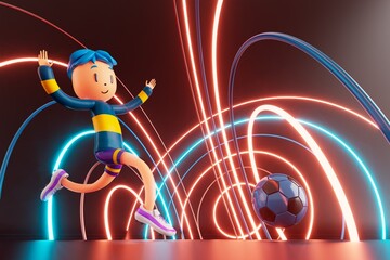 3D boy character football player in soccer action. 3d illustration. sports background concept. men kick motion. sports action person. graphic wallpaper. cartoon game soccer. creative poster layout