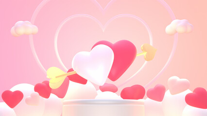 3d rendered podium with hearts and clouds.