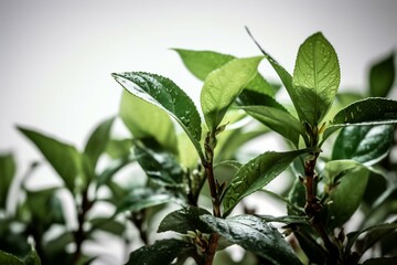 Fototapeta na wymiar Close-up of tea plant on white background. Generative AI