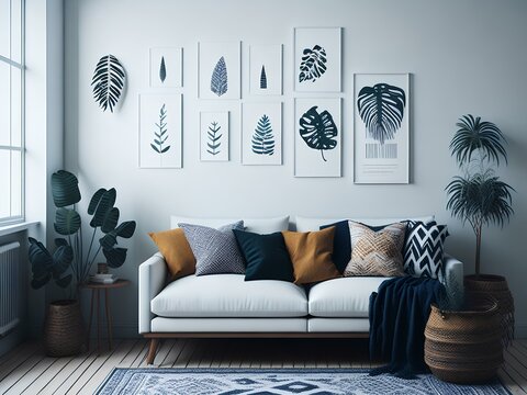 living room interior with sofa mockup frames  generated Ai