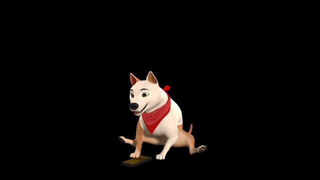 Dog playing with smartphone. 3D animated puppy touching mobile screen.