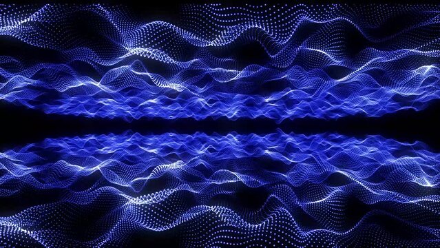 Abstract technology wave background animation. Digital blue waves tunnel made of shining particles and light rays. Slow motion background animation. Mirror effect background, Full HD. Perfect loop. 