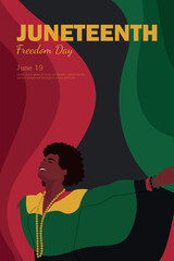Vector vertical banner with black woman on red, green and black background color of African flag. Freedom or Emancipation Day. Annual American holiday. Banner for website, social media, print.