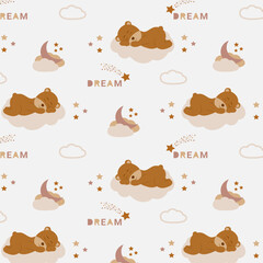 cute little bear sleeping on a cloud. A shooting star. pattern. Children's vector illustration