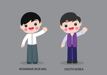Myanmar peopel in national dress. Set of South Korea man dressed in national clothes. Vector flat illustration.