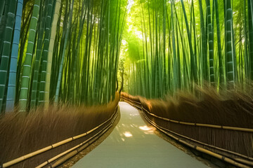 Imagination of an empty walking path in the serene bamboo grove forest of Japan. generative AI.