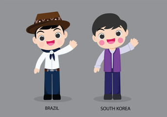 Brazil peopel in national dress. Set of South Korea man dressed in national clothes. Vector flat illustration.
