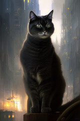 black cat in front of city background, generated by artificial intelligence