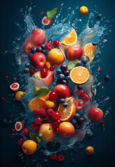 Fruits and Water in Motion on a Blue Background. AI Generated
