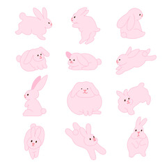 Hand drawn pink rabbit flat illustration sticker set
