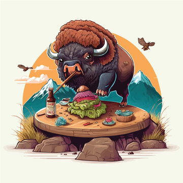 surprise-Buffalo-eating-Sushi,-Buffalo character, artistic, print design, for t-shirt and case
