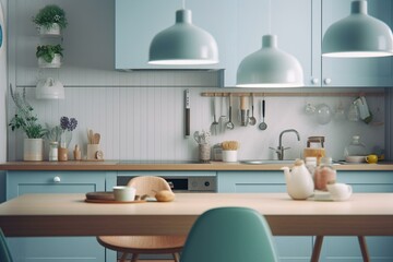 Spring-themed kitchen in pastel blue from the mid-century. Generative AI