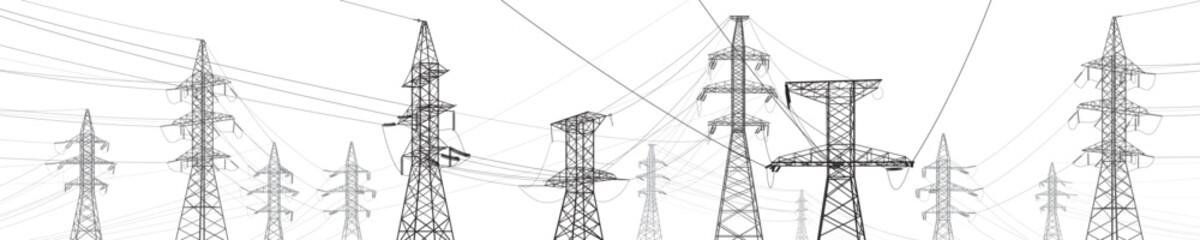 High voltage transmission systems. Electric pole. Power lines. A network of interconnected electrical. Energy pylons. City electricity infrastructure. Gray otlines on white background. Vector design - obrazy, fototapety, plakaty