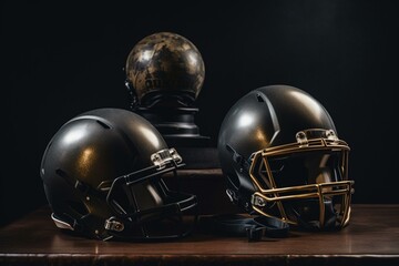 Black and gray American football helmets with gold trophy ball on dark background. Generative AI