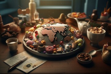 Cartoon food as globe or world map. Generative AI