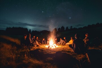 People enjoy campfire, roasted marshmallows & starry night sky during camping. Generative AI