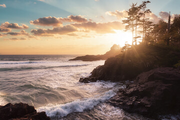 Obraz premium Rocky Shore on West Coast of Pacific Ocean in Tofino. Cox Bay in Vancouver Island, British Columbia, Canada. Sunset Sky Art Render.