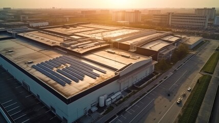 solar cells or panels seen from above on the roof of a factory building.source of clean, renewable energy.The Generative AI