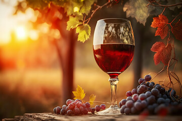 Glass of natural red wine on wooden table with grape vines on blurred rural sunset vineyard landscape.  Production of natural wine at the winery. Generation ai - obrazy, fototapety, plakaty