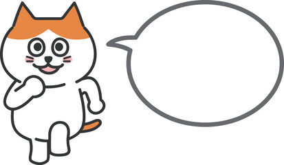 Cartoon orange tabby and white cat running cheerfully with a speech bubble. Vector illustration.