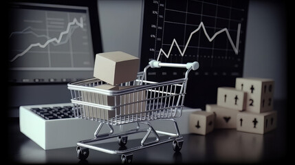 E-commerce. Paper boxes in shopping cart and credit card on keyboard and sales data economic growth graph on computer screen, online shopping and payments, banking, services online on network © Tn