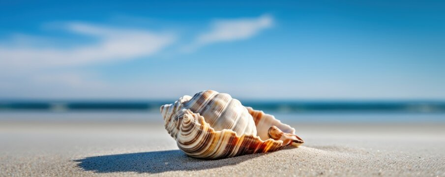 Sea shell on tropical sea and sandy beach blue sky background. Generative AI