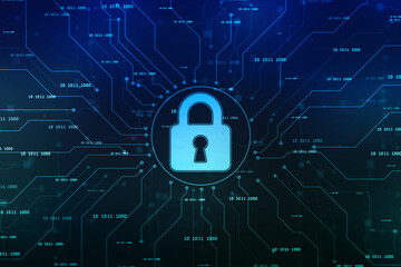 Digital Padlock on abstract technology background, Technology security concept. Modern safety digital background. Protection system, Cyber Security and safety information, personal data concept