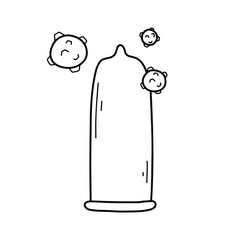 The condom protects against viruses, bacteria, infections. Isolated condom in doodle style. Vector illustration. Linear style. Type of contraception and sexual protection.