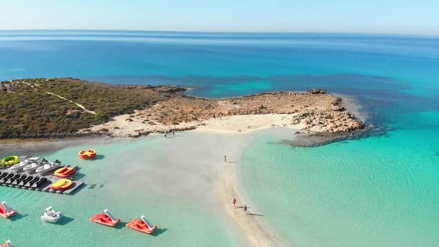Nissi beach in Ayia Napa, clean aerial view of famous tourist beach in Cyprus. Destination on island and formed from a smaller island just near the main shore