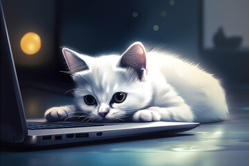 Cute sad kitten lying on laptop, tired white pet looking at computer screen. Generative AI animal illustration