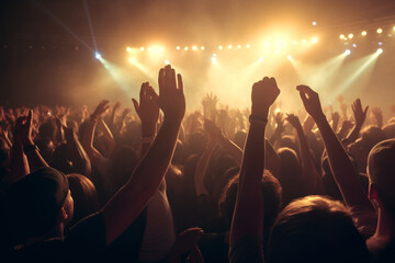 Fototapeta na wymiar Crowd at concert and blurred stage lights. Generative ai