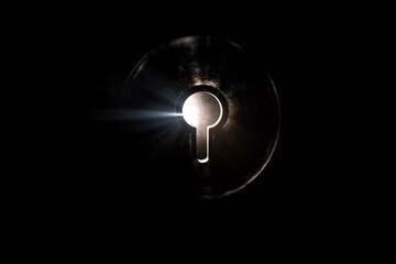White light breaks through the keyhole, symbol of idea or hope. Generative ai.