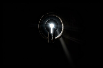 White light breaks through the keyhole, symbol of idea or hope. Generative ai.