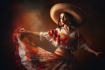 Fototapeta premium Fabulous Cinco de Mayo female dancer. Beautiful female model in traditional costume and sombrero dancing.Generative AI