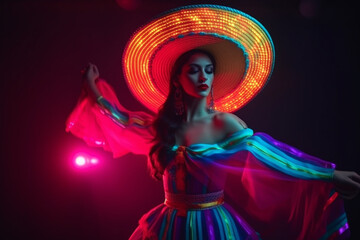 Fabulous Cinco de Mayo female dancer in neon light. Beautiful female model in traditional costume and sombrero dancing.Generative AI