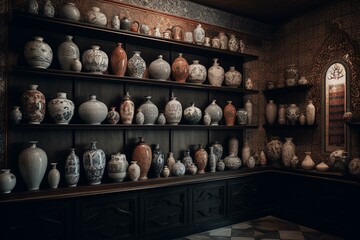 Multiple walls adorned with vases and patterns, including shelves and diverse designs. Generative AI