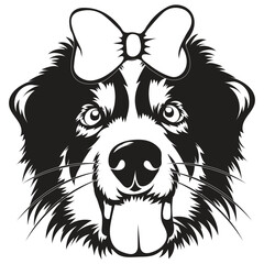 Australian Shepherd breed, Dog hair bow vector, Black and white dog on white background, Animal head silhouette