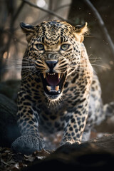 Obraz na płótnie Canvas Wild Leopard panthera roaring aggressively. Jungle forest running generative ai