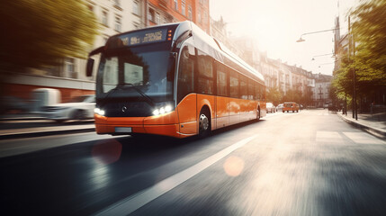 Fototapeta premium Modern electrical bus riding at the city street. Blurred motion, Beautiful generative art