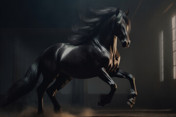 Obraz na płótnie Canvas Gorgeous black horse with beautiful flowing mane photorealistic dynamic portrait. generative art