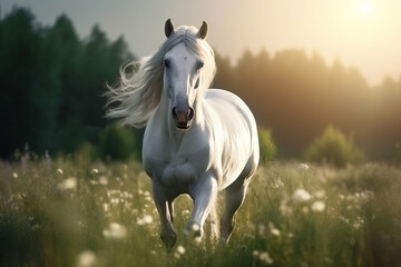 Obraz na płótnie Canvas Gorgeous white horse with beautiful flowing mane. galloping at the field of flowers at sunset. Generative art