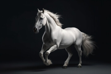 Obraz na płótnie Canvas Gorgeous white horse with beautiful flowing mane. Running, dynamic pose. Photorealistic portrait. generative art