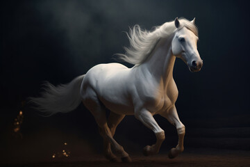 Naklejka na ściany i meble Gorgeous white horse with beautiful flowing mane. Running, dynamic pose. Photorealistic portrait. generative art