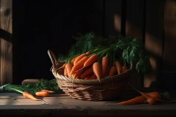 Obraz na płótnie Canvas Wicker basket full of juicy fresh carrots. Stunning generative art